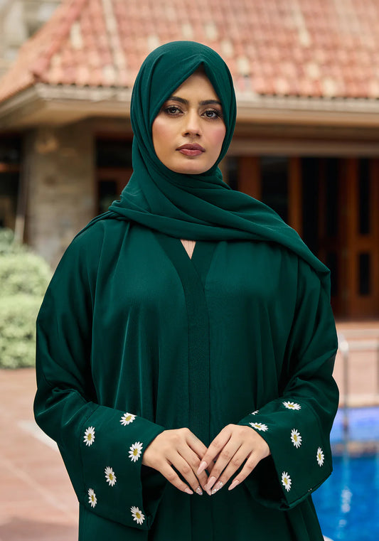GREEN FLORAL EMBROIDERY ABAYA | VELORA ￼